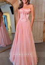 Pink Sweetheart Tulle A-Line Strapless Prom Dresses with Bowknot