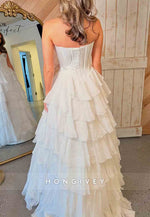 Strapless A-Line Sweetheart Prom Side Slit Dresses with Bowknot and Ruffles