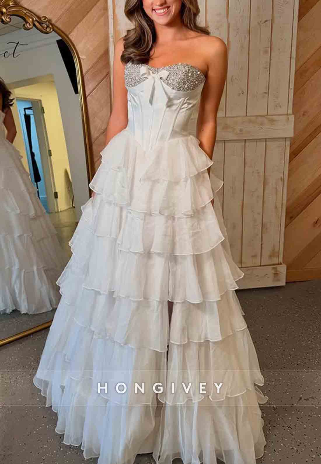 Strapless A-Line Sweetheart Prom Side Slit Dresses with Bowknot and Ruffles