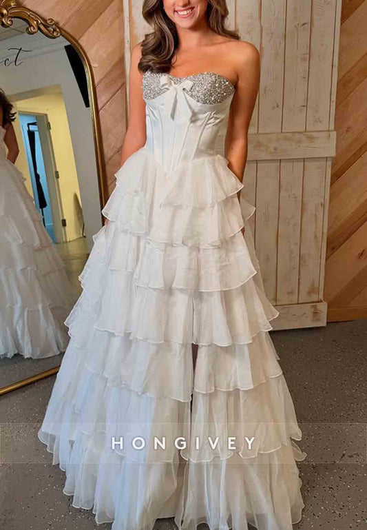 Strapless A-Line Sweetheart Prom Side Slit Dresses with Bowknot and Ruffles