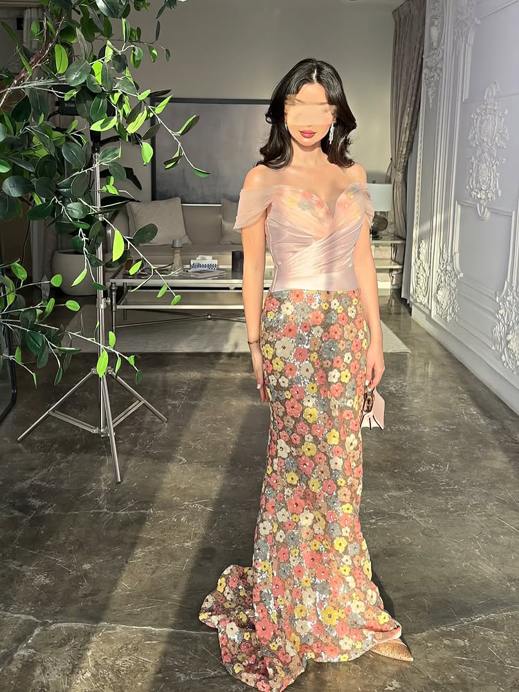 Floral Print Off the Shoulder Flowers Sleeveless Mermaid Evening Dress