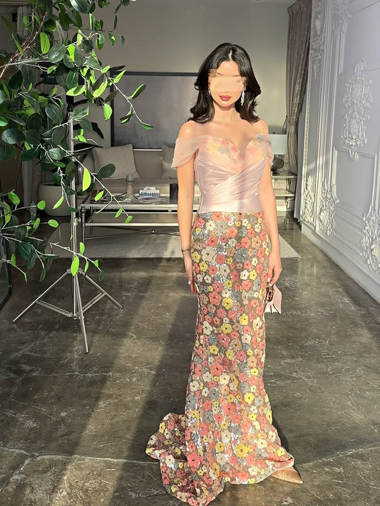 Floral Print Off the Shoulder Flowers Sleeveless Mermaid Evening Dress