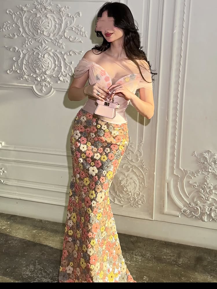 Floral Print Off the Shoulder Flowers Sleeveless Mermaid Evening Dress