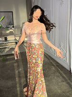 Floral Print Off the Shoulder Flowers Sleeveless Mermaid Evening Dress