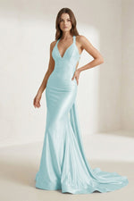 Pink V Neck Satin Mermaid Open Back Long Formal Prom Dresses