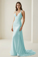 Pink V Neck Satin Mermaid Open Back Long Formal Prom Dresses