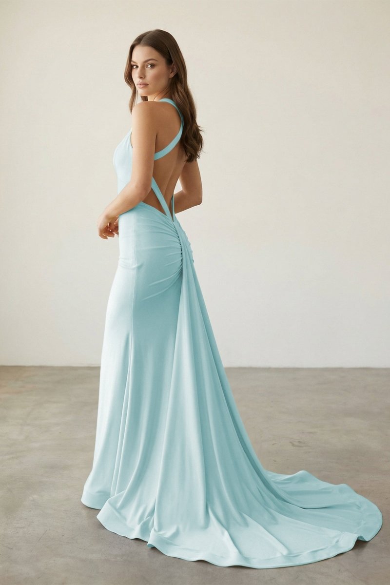 Pink V Neck Satin Mermaid Open Back Long Formal Prom Dresses