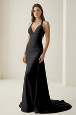 Pink V Neck Satin Mermaid Open Back Long Formal Prom Dresses