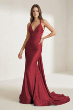 Pink V Neck Satin Mermaid Open Back Long Formal Prom Dresses