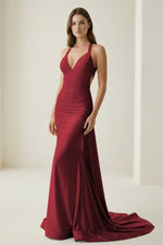 Pink V Neck Satin Mermaid Open Back Long Formal Prom Dresses