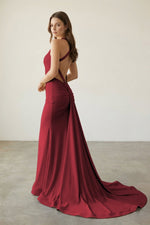Pink V Neck Satin Mermaid Open Back Long Formal Prom Dresses