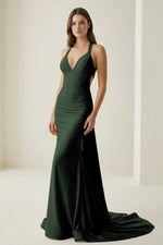 Pink V Neck Satin Mermaid Open Back Long Formal Prom Dresses