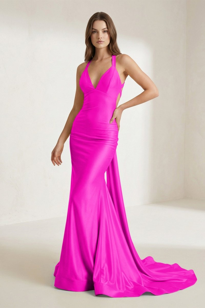 Pink V Neck Satin Mermaid Open Back Long Formal Prom Dresses