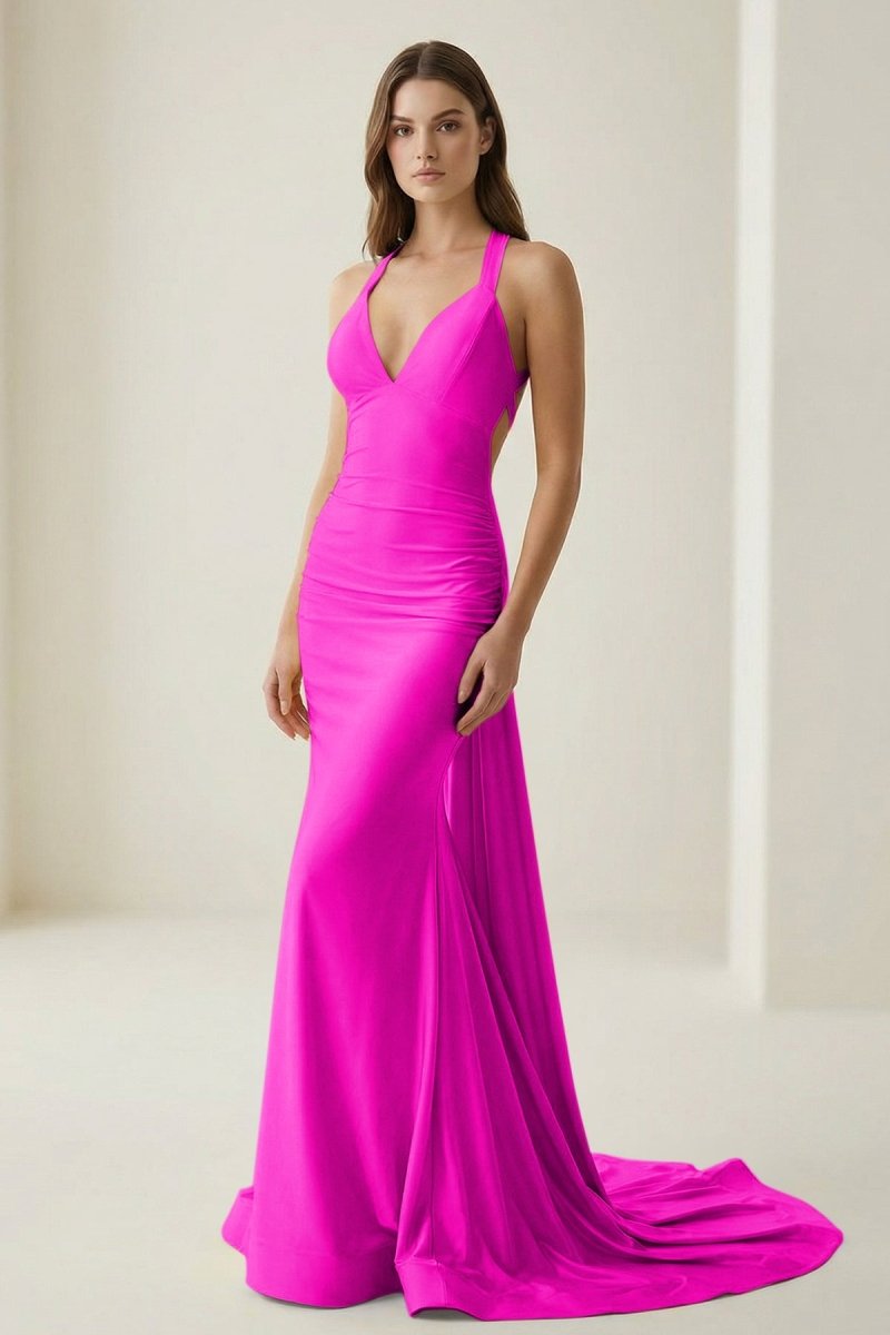 Pink V Neck Satin Mermaid Open Back Long Formal Prom Dresses