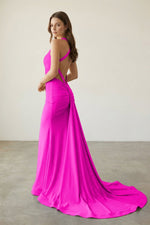 Pink V Neck Satin Mermaid Open Back Long Formal Prom Dresses