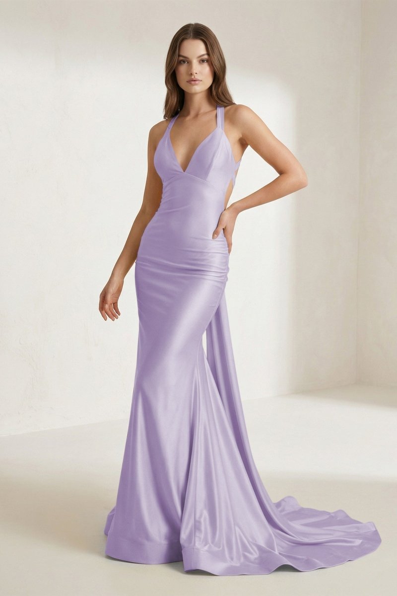 Pink V Neck Satin Mermaid Open Back Long Formal Prom Dresses