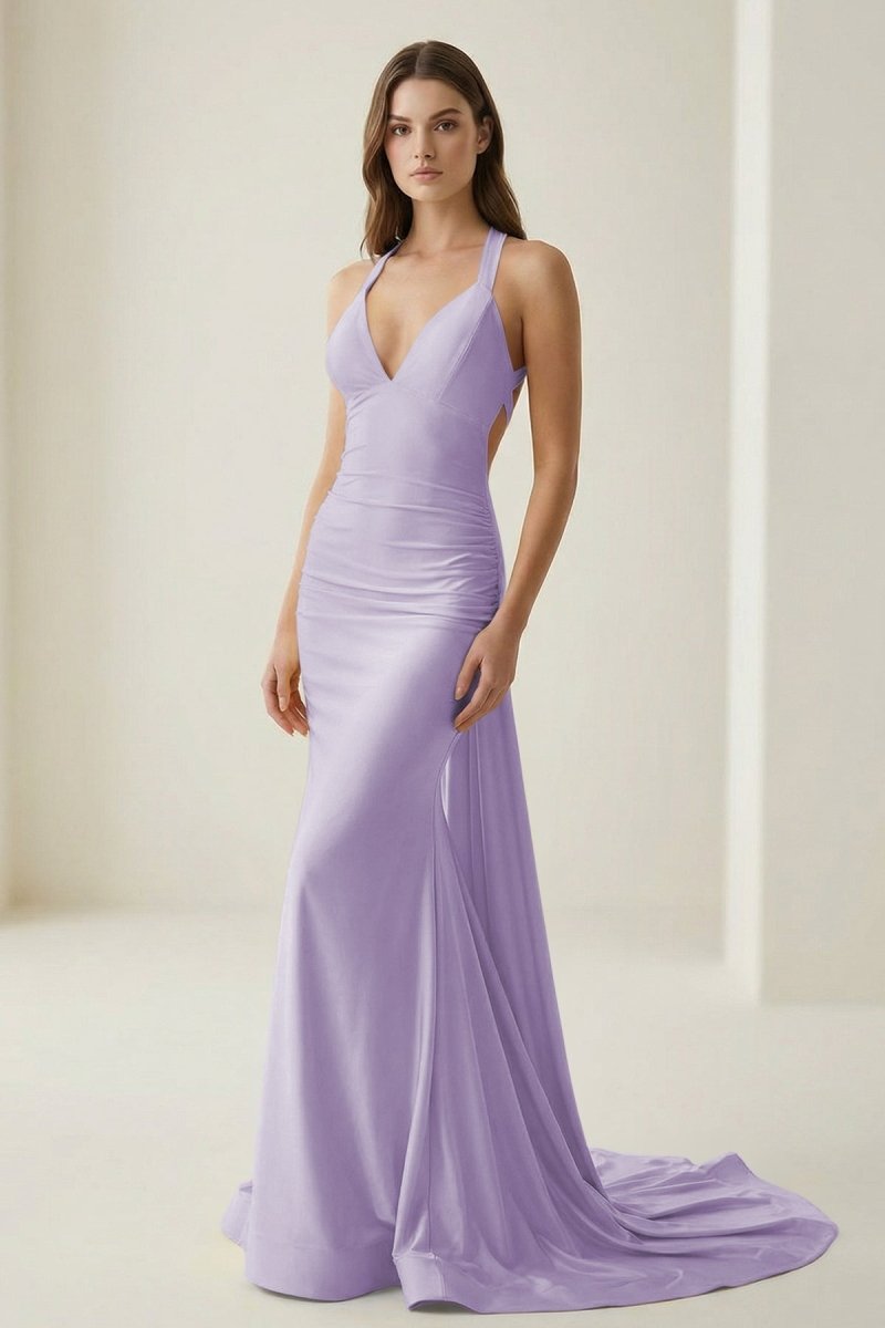Pink V Neck Satin Mermaid Open Back Long Formal Prom Dresses