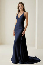 Pink V Neck Satin Mermaid Open Back Long Formal Prom Dresses