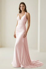 Pink V Neck Satin Mermaid Open Back Long Formal Prom Dresses