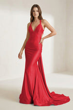 Pink V Neck Satin Mermaid Open Back Long Formal Prom Dresses