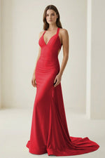 Pink V Neck Satin Mermaid Open Back Long Formal Prom Dresses