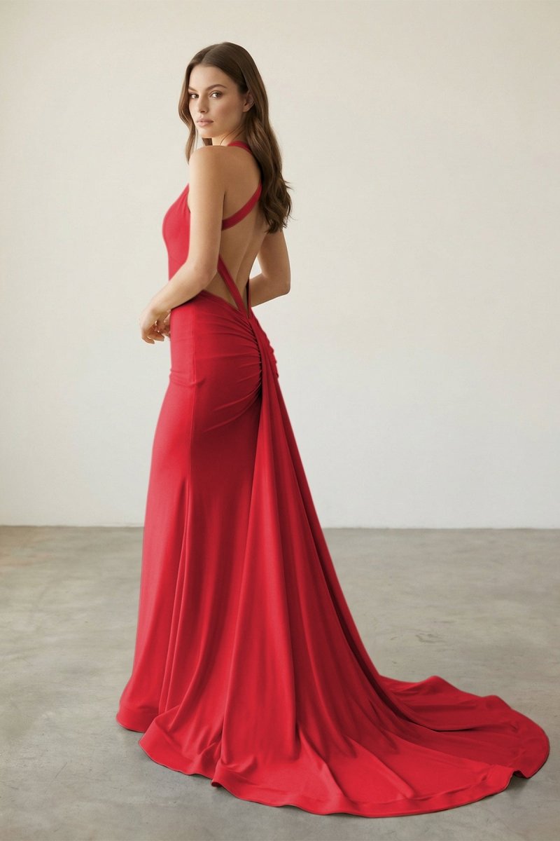 Pink V Neck Satin Mermaid Open Back Long Formal Prom Dresses