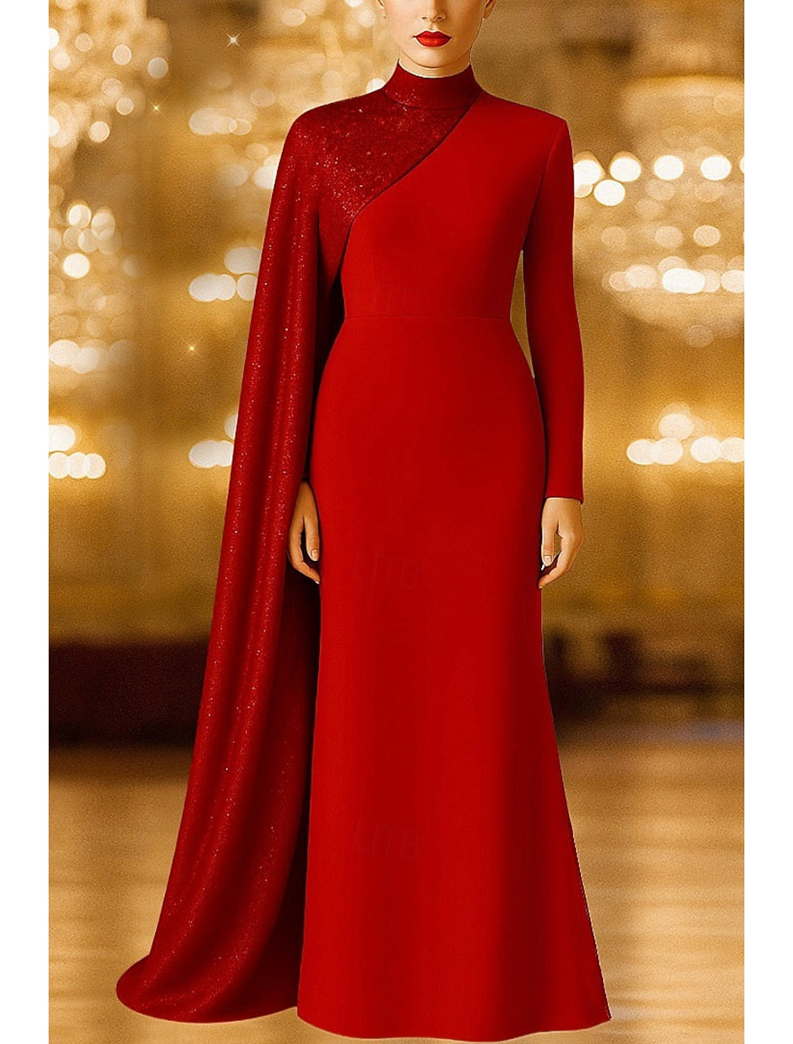 Side Draping Trumpet High Neck Long Sleeve Glittering Evening Gown with Cape