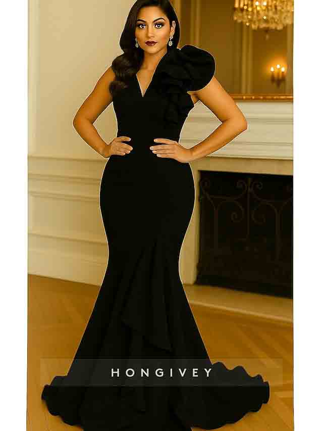 Black V-Neck Mermaid Sleeveless Elening Dress