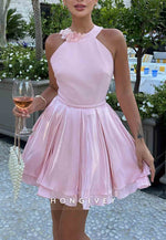 Halter Light Pink A-Line Sleeveless Short Ruched Homecoming Dress