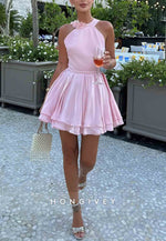 Halter Light Pink A-Line Sleeveless Short Ruched Homecoming Dress
