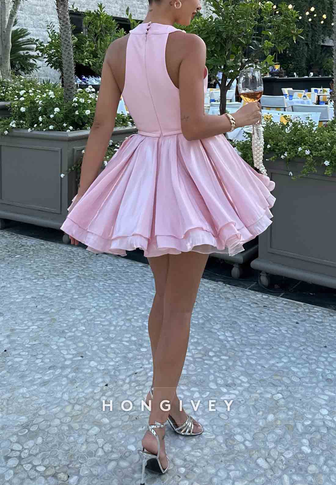 Halter Light Pink A-Line Sleeveless Short Ruched Homecoming Dress
