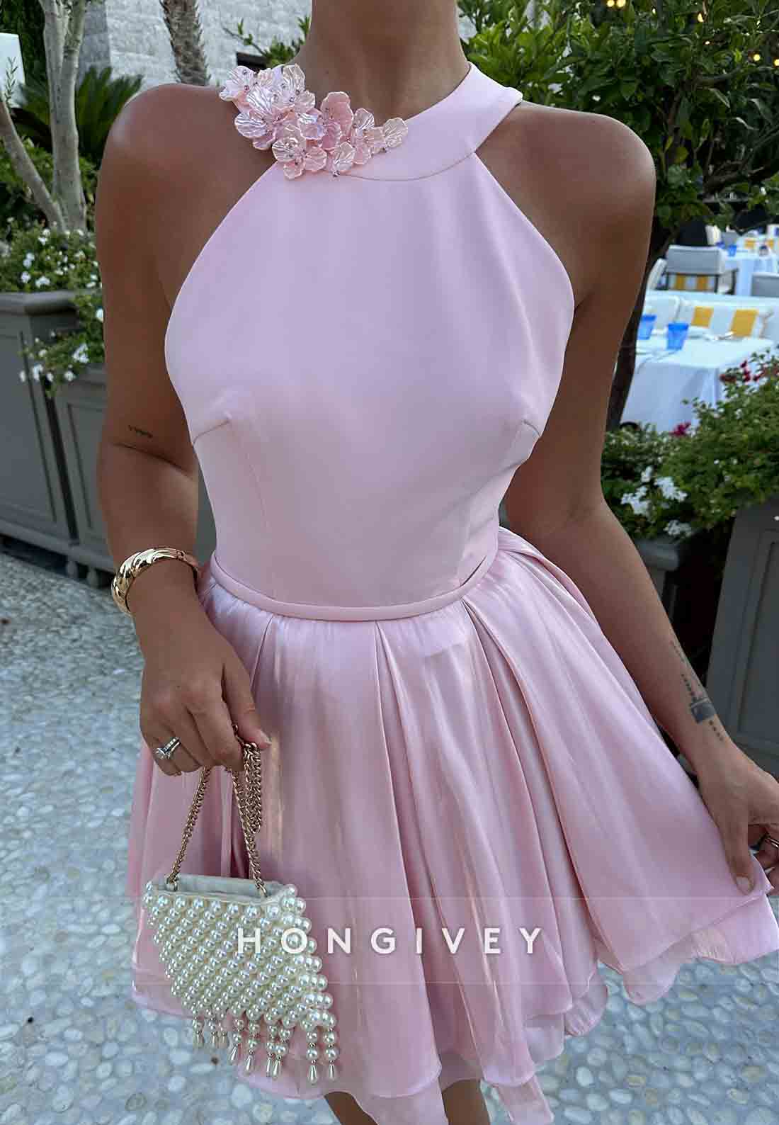 Halter Light Pink A-Line Sleeveless Short Ruched Homecoming Dress