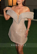 V-Neck Glitter Off the Shoulder A-Line Beading Short Homecoming Dresses