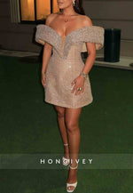 V-Neck Glitter Off the Shoulder A-Line Beading Short Homecoming Dresses
