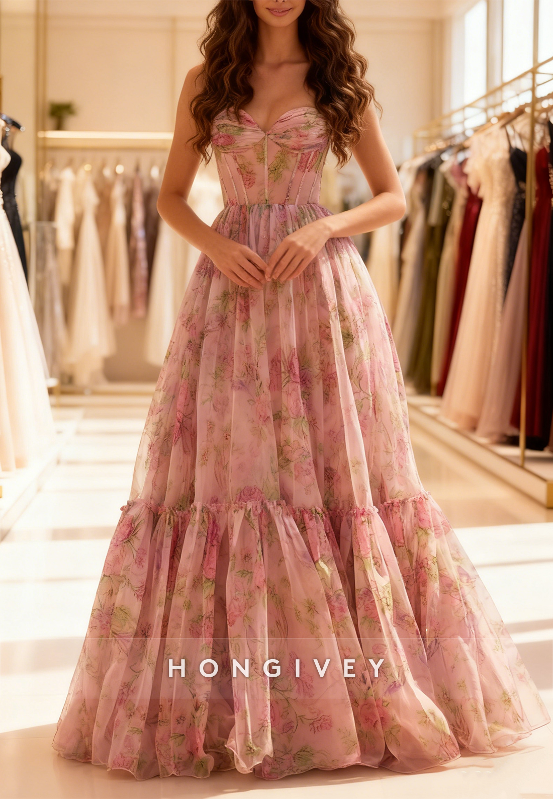 Floral Print Sleeveless Sweetheart Floor-Length A-line Prom Dresses