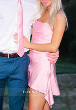 Cute A-Line Strapless Pink Elastic Satin Sleeveless Short Homecoming Dress