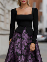 Floral Jacquard Peplum Bodice Midi Evening Dress