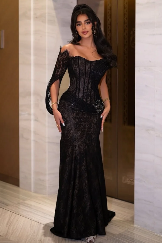 Lace V-Neck Off-the-Shoulder Strapless Long Sleeves Long Mermaid Prom Dress With Pleated