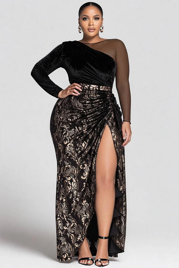 Plus Size Formal Black All Over Print Round Neck Long Sleeve Contrast Elegant Split Velvet Maxi Dresses