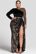 Plus Size Formal Black All Over Print Round Neck Long Sleeve Contrast Elegant Split Velvet Maxi Dresses