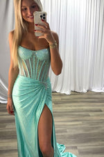 Gorgeous Mermaid Scoop Neck Mint Satin Prom Dress with Hot Stone