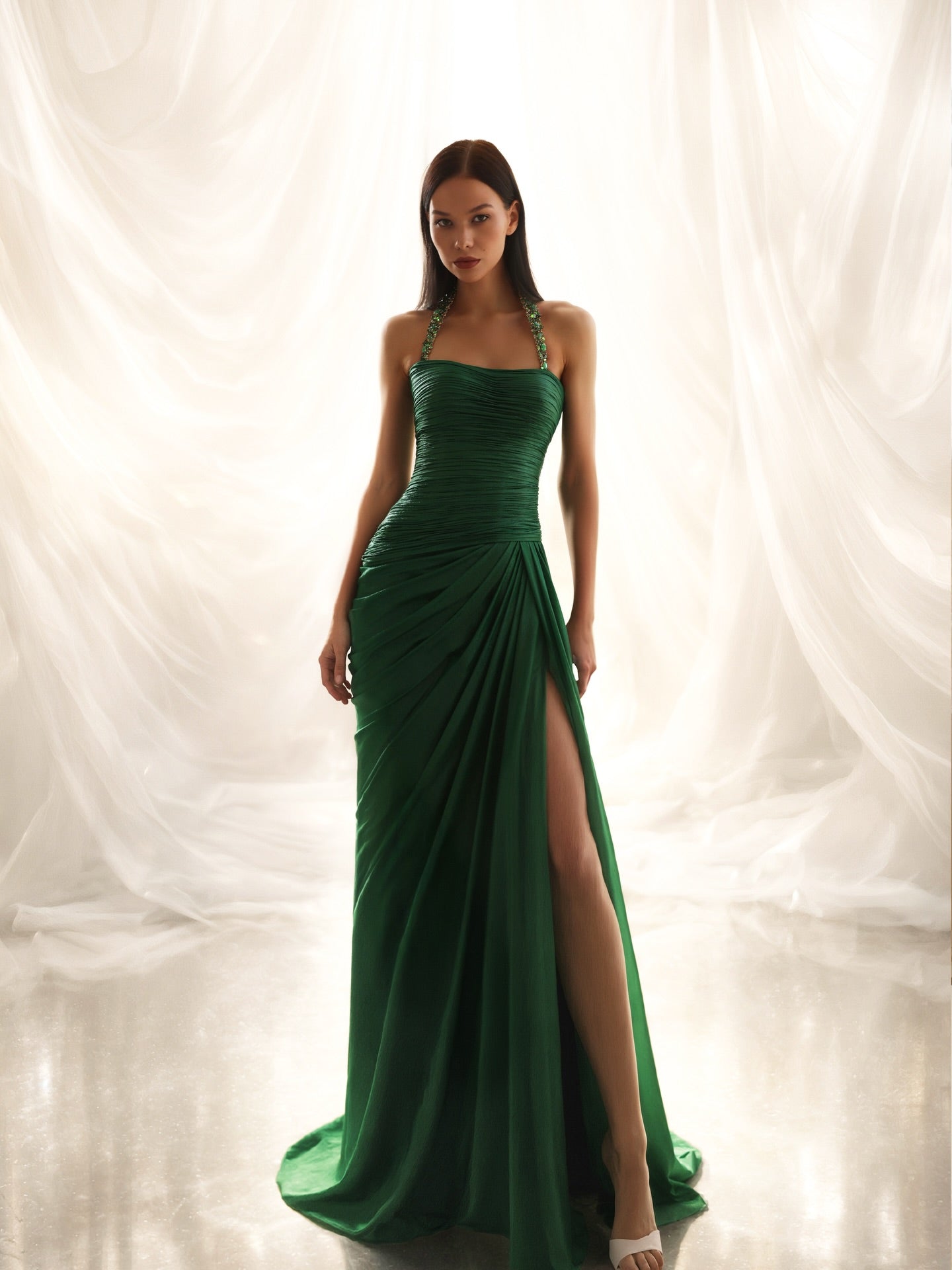 Halter Sleeveless High Waist Long Prom Dress With Split And Rhinstone