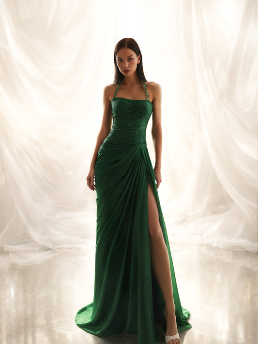 Halter Sleeveless High Waist Long Prom Dress With Split And Rhinstone