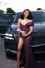 Modern Grape Sweetheart One Shoulder Prom Dress Split Long With Beadings