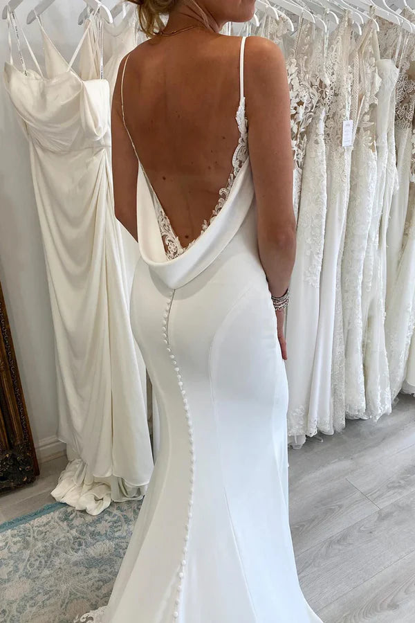 Simple Elegant V Neck Satin Long Wedding Dresses with Appliques