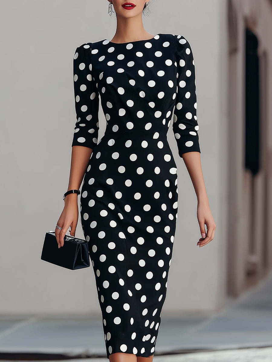 BlackWhite Polka Dot Midi Sheath Dress