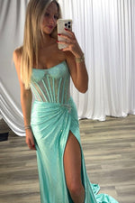 Gorgeous Mermaid Scoop Neck Mint Satin Prom Dress with Hot Stone