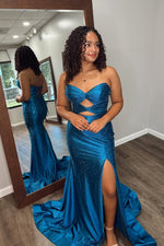 Sparkly Mermaid Sweetheart Neck Peacock Blue Prom Dress with Hot Stone