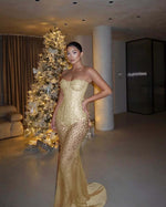 Red Tulle Strapless Sleeveless Long Mermaid Prom Dress With Sequins And Corset