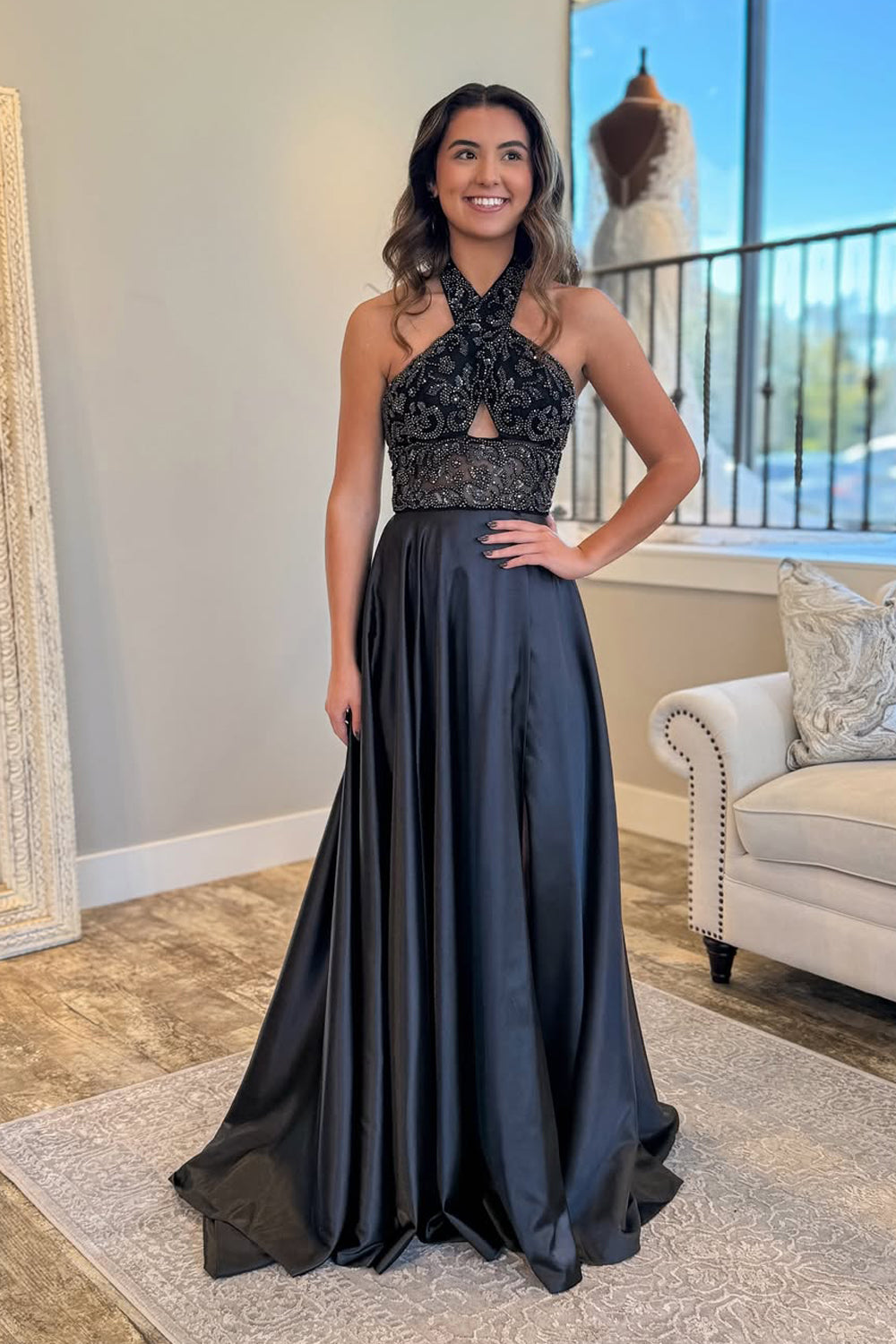 Gorgeous A Line V Neck Black Satin Prom Dress with Beading